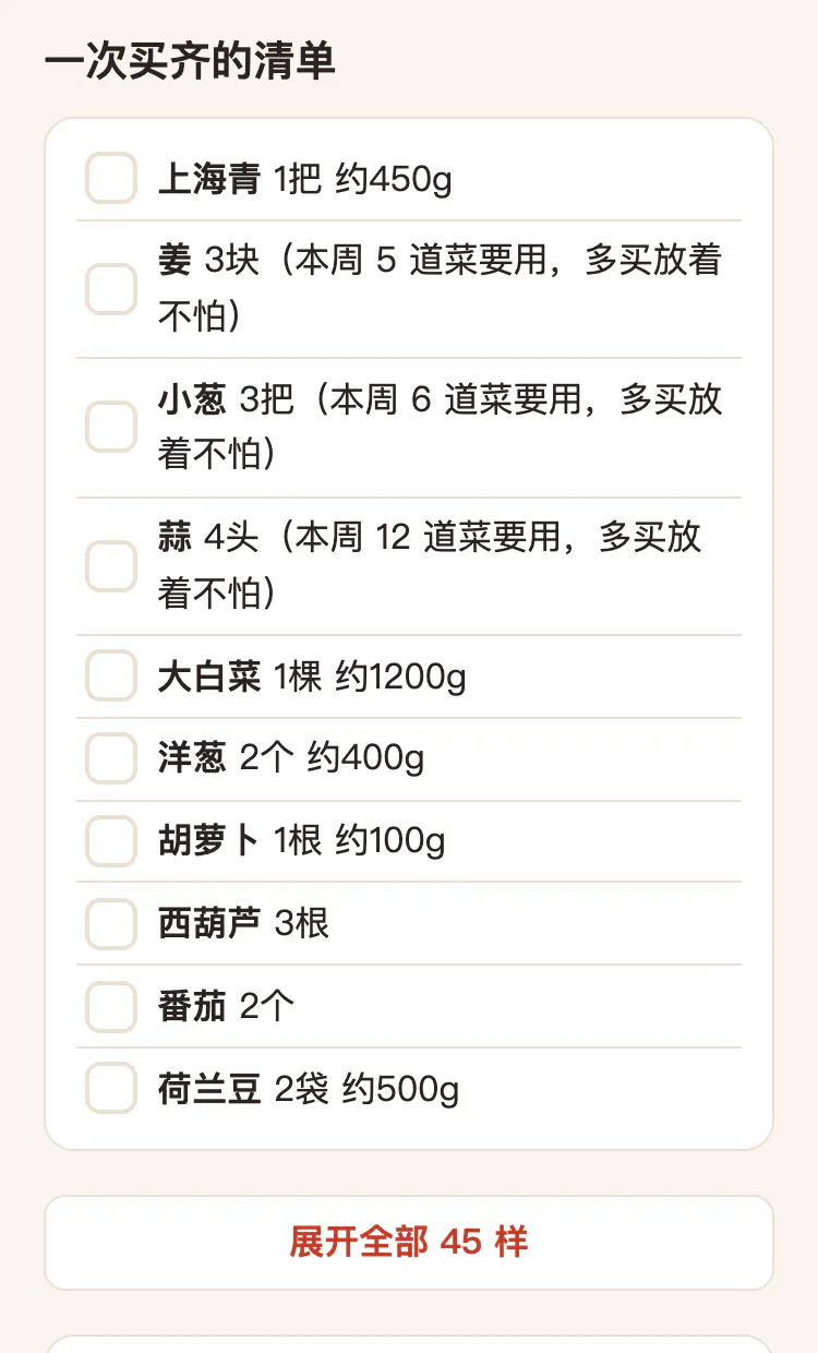 购买清单的真实截图：这周要买的东西合成一张，按超市货架排（先蔬菜再豆腐蛋再肉），每样写着买多少，前面一个勾选框